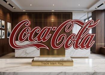 Logo de Coca-Cola sobre escritorio en entorno corporativo neutro