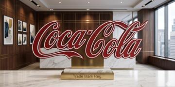 Logo de Coca-Cola sobre escritorio en entorno corporativo neutro