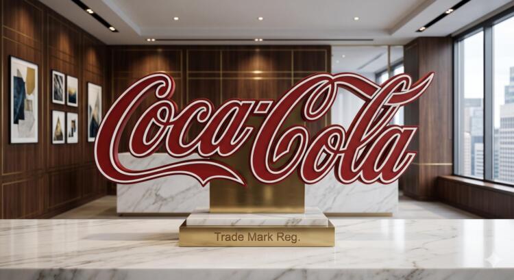 Logo de Coca-Cola sobre escritorio en entorno corporativo neutro