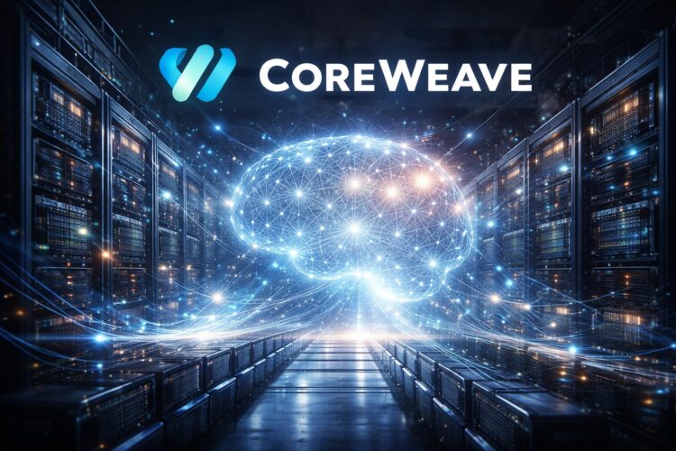 Centro de datos con logo de CoreWeave y red de IA en expansión.