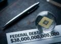 Esfera de vidrio frágil con chip de IA sobre documento de deuda federal de 38 billones.