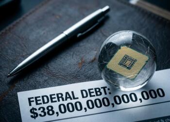 Esfera de vidrio frágil con chip de IA sobre documento de deuda federal de 38 billones.