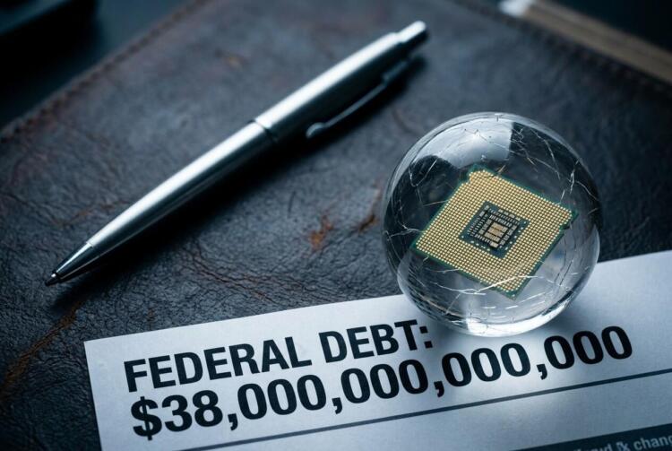 Esfera de vidrio frágil con chip de IA sobre documento de deuda federal de 38 billones.