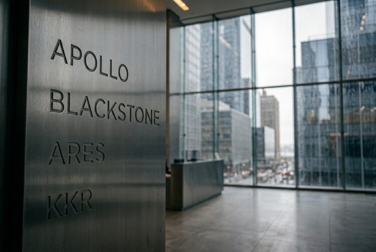Logos de Apollo, Blackstone, Ares y KKR grabados en pared metálica.