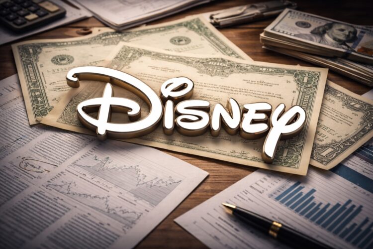 Logo de Disney sobre documentos financieros y acciones.