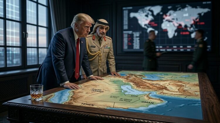 Donald Trump y un líder árabe analizan un mapa táctico