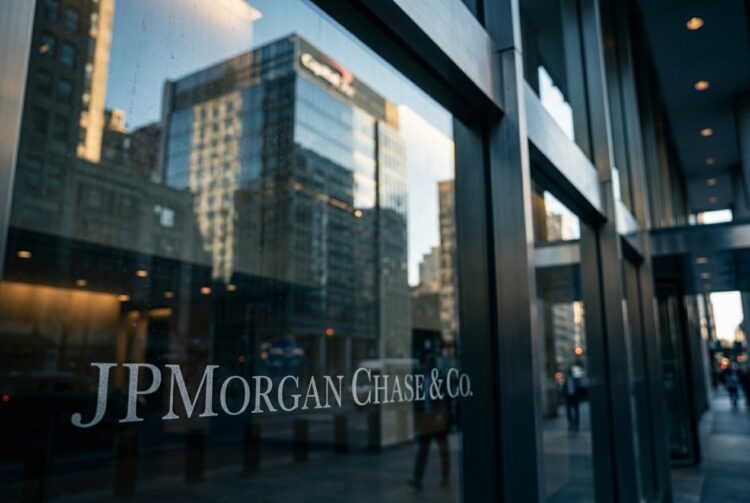 Reflejo del edificio Capital One en la fachada de cristal de JPMorgan.