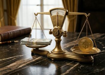 Una balanza de bronce equilibrando un fajo de dólares y una moneda de oro simbólica.