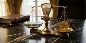 Una balanza de bronce equilibrando un fajo de dólares y una moneda de oro simbólica.