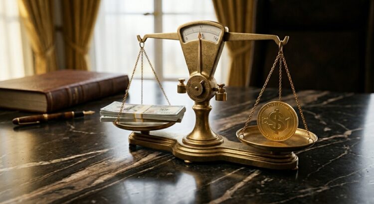 Una balanza de bronce equilibrando un fajo de dólares y una moneda de oro simbólica.