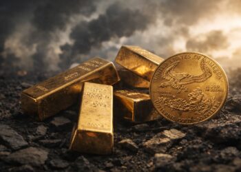 Lingotes de oro inclinados bajo cielo oscuro con luz tenue.