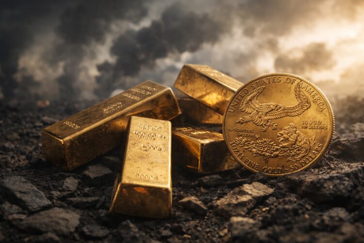 Lingotes de oro inclinados bajo cielo oscuro con luz tenue.