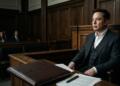 Elon Musk sentado en un tribunal, mirando fijamente, con una carpeta de OpenAI sobre la mesa.