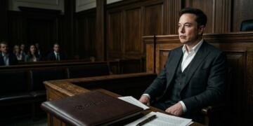 Elon Musk sentado en un tribunal, mirando fijamente, con una carpeta de OpenAI sobre la mesa.