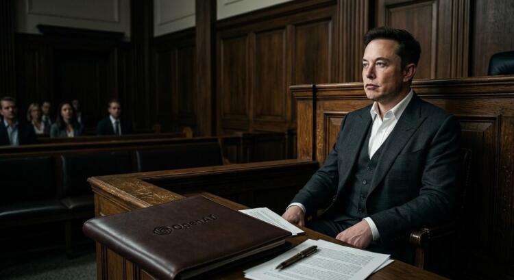 Elon Musk sentado en un tribunal, mirando fijamente, con una carpeta de OpenAI sobre la mesa.