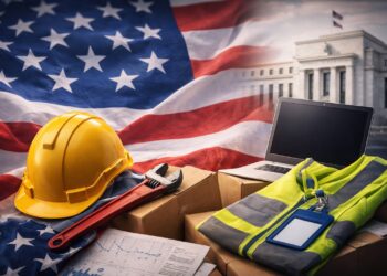 Elementos laborales diversos sobre bandera de EE. UU. con la Fed al fondo.