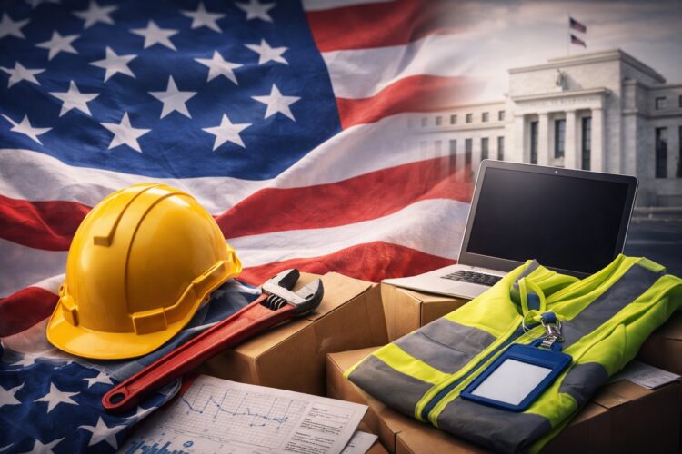 Elementos laborales diversos sobre bandera de EE. UU. con la Fed al fondo.