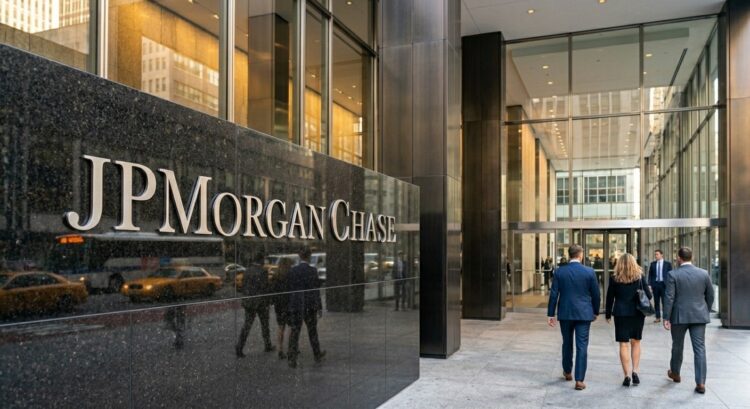 Empleados caminando hacia la entrada de la sede de JPMorgan Chase en Nueva York.