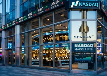 Fachada de vidrio del Nasdaq Market Site en Nueva York con pantallas de cotizaciones y el logotipo de SpaceX.