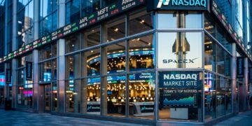 Fachada de vidrio del Nasdaq Market Site en Nueva York con pantallas de cotizaciones y el logotipo de SpaceX.
