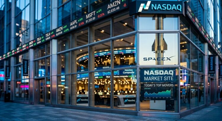 Fachada de vidrio del Nasdaq Market Site en Nueva York con pantallas de cotizaciones y el logotipo de SpaceX.
