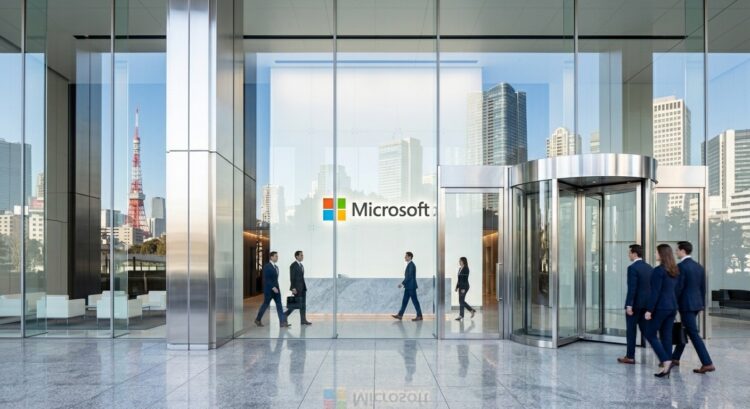 Fachada de vidrio de la oficina de Microsoft en Tokio con el logotipo y el horizonte de la ciudad al fondo.