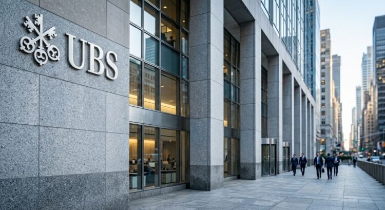 Fachada de piedra de la oficina de UBS con el logotipo en primer plano y hombres en traje caminando.