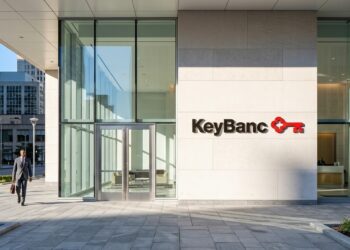 Fachada de vidrio y piedra de la oficina de KeyBanc con el logotipo en primer plano y un hombre en traje caminando.
