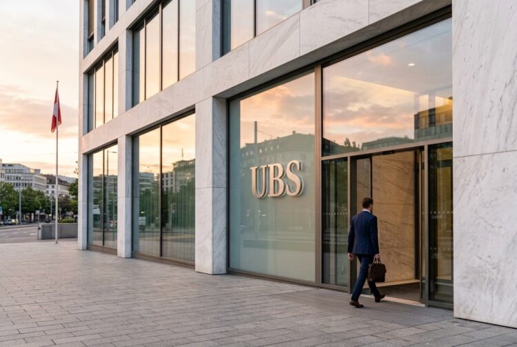 Entrada de mármol y vidrio de la sede de UBS en Zúrich durante el amanecer con un empleado entrando.