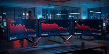 Tres monitores mostrando gráficos de criptomonedas y datos de OpenAI en una oficina moderna.