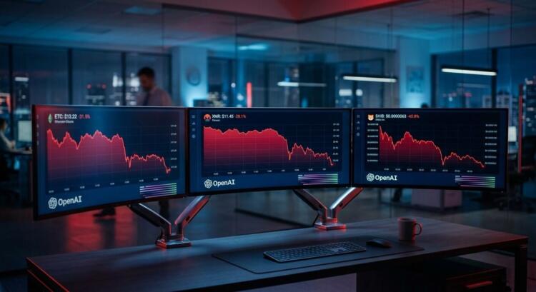 Tres monitores mostrando gráficos de criptomonedas y datos de OpenAI en una oficina moderna.