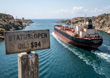Un cartel en primer plano dice "ESTADO: ABIERTO / PETRÓLEO: $94", con un petrolero en el fondo.