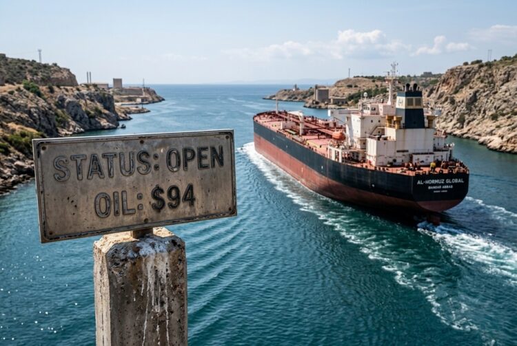Un cartel en primer plano dice "ESTADO: ABIERTO / PETRÓLEO: $94", con un petrolero en el fondo.