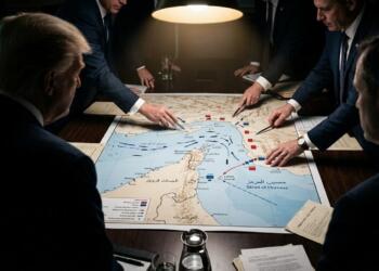 Varios hombres de traje, incluido Donald Trump, estudian un mapa estratégico en una mesa.