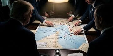 Varios hombres de traje, incluido Donald Trump, estudian un mapa estratégico en una mesa.