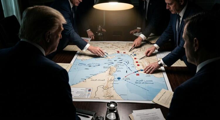 Varios hombres de traje, incluido Donald Trump, estudian un mapa estratégico en una mesa.