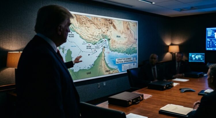 Rostro en penumbra analiza mapa táctico del Estrecho de Ormuz con equipo en sala de reuniones.