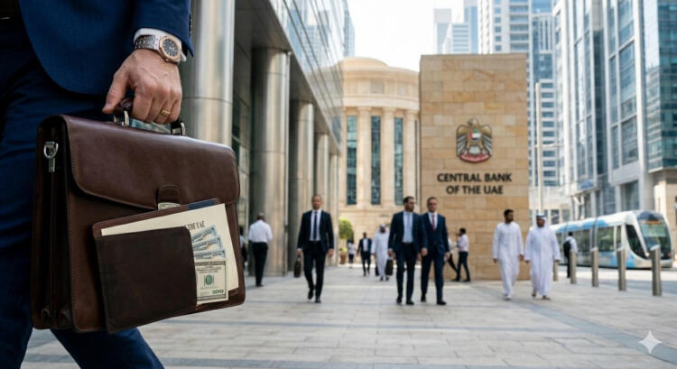 Un hombre de traje lleva un maletín frente al Banco Central de los EAU en Dubái.