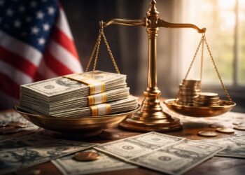 Balanza con dólares y monedas frente a bandera de EE. UU.