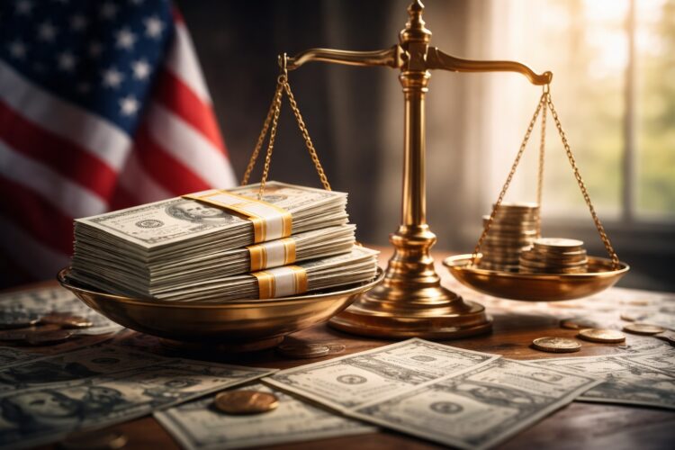 Balanza con dólares y monedas frente a bandera de EE. UU.