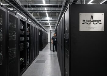 Un largo pasillo de servidores negros mate en un centro de datos de Google Cloud, con una placa de identificación de acero cepillado de Broadcom.