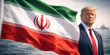 Bandera de Irán en primer plano con Trump desenfocado detrás.