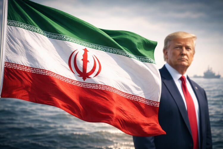 Bandera de Irán en primer plano con Trump desenfocado detrás.