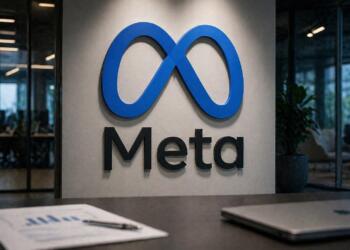 Logo de Meta centrado en oficina corporativa con entorno limpio.