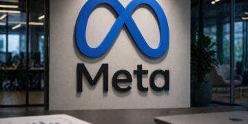 Logo de Meta centrado en oficina corporativa con entorno limpio.