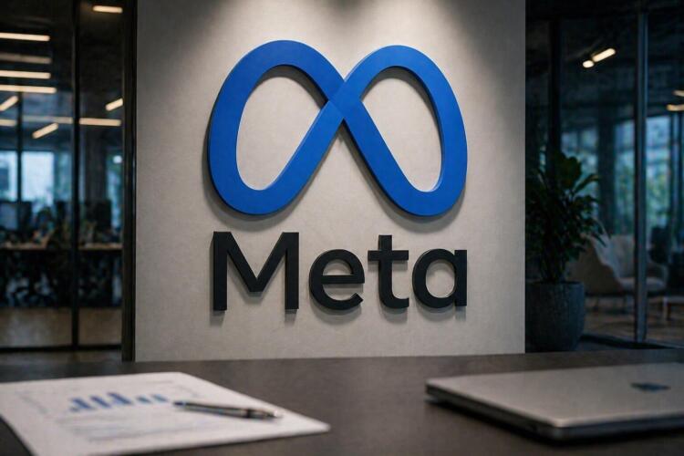 Logo de Meta centrado en oficina corporativa con entorno limpio.