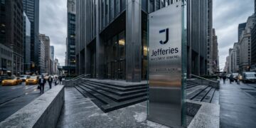 Entrada de Jefferies con logo en pilar de acero y vidrio en 520 Madison Avenue, Nueva York.