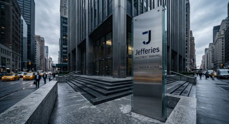 Entrada de Jefferies con logo en pilar de acero y vidrio en 520 Madison Avenue, Nueva York.