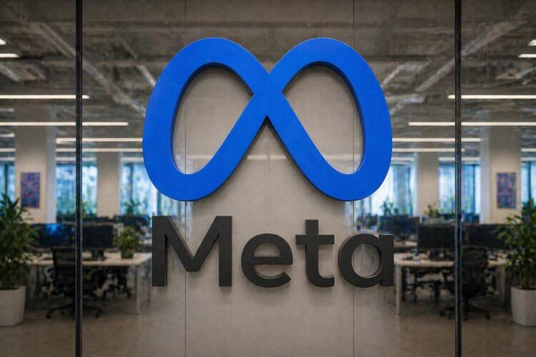 Logo de Meta en gran formato con oficina corporativa desenfadada al fondo.