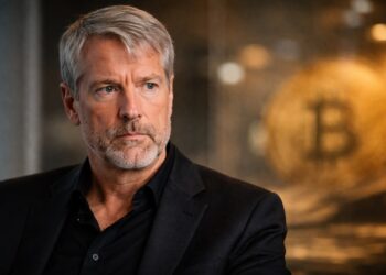 Michael Saylor en primer plano con fondo cálido desenfocado.